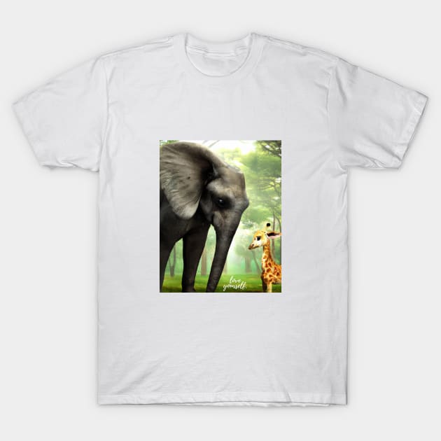 Love Yourself: Motivational Digital Art of an Elephant and Baby Giraffe in the Jungle T-Shirt by Karen Ankh Custom T-Shirts & Accessories